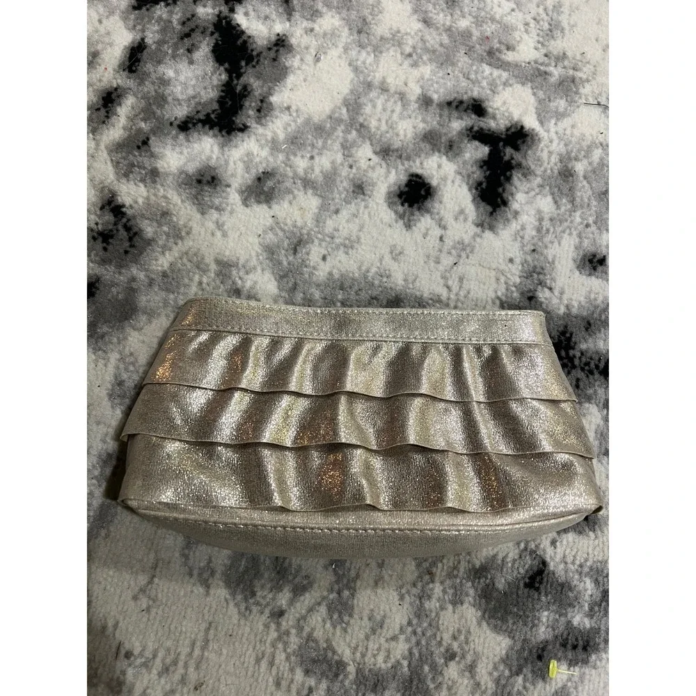 Victorias Secret Metallic Champagne Gold Ruffle Makeup‎ Bag Clutch Snap Closure